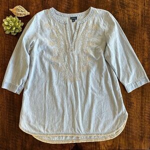 J. Jill | Lightweight Denim Embroidered Tunic Top with Split Neckline
